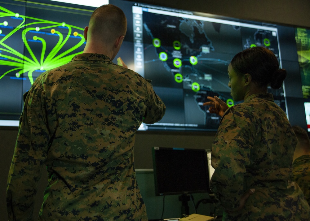 Marines at cybersecurity workstations